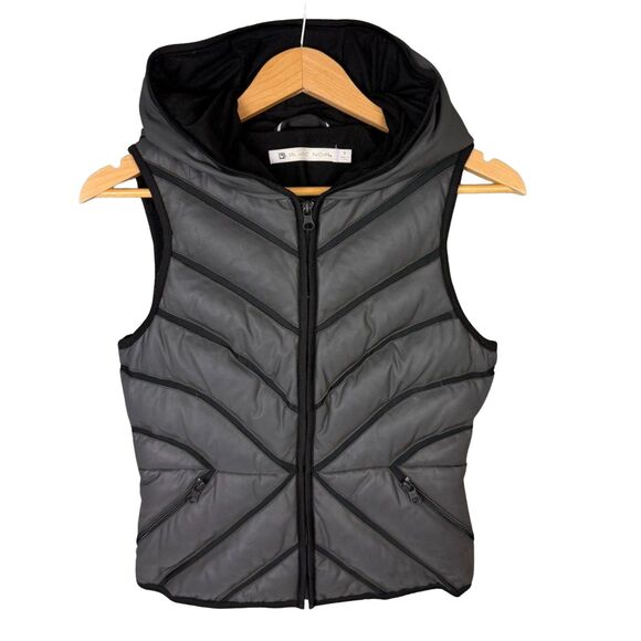 Blanc Noir Satin Mesh-Up Puffer Vest Women’s S Black Gray Reflective Hood Down - Picture 1 of 10